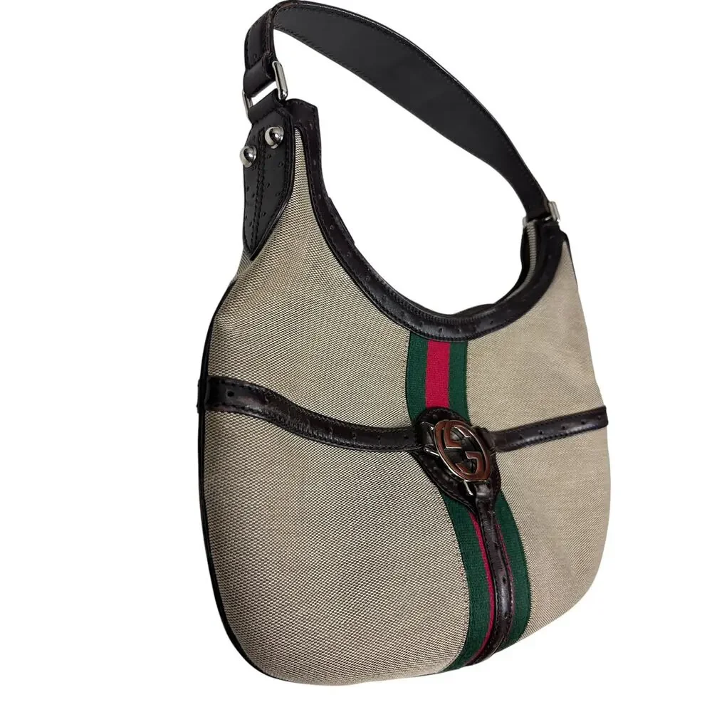 Gucci Tan Canvas GG Emblem Red Green Stripe Brown Leather Trim Web Reins Handbag